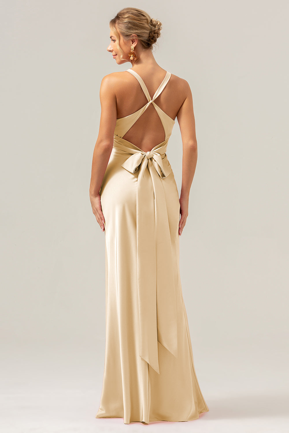 Champagne Mermaid Deep V Neck Ruched Long Bridesmaid Dress with Lace Up Back