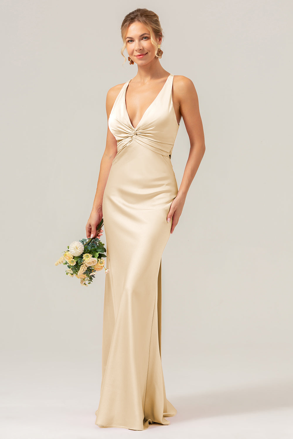 Champagne Mermaid Deep V Neck Ruched Long Bridesmaid Dress with Lace Up Back