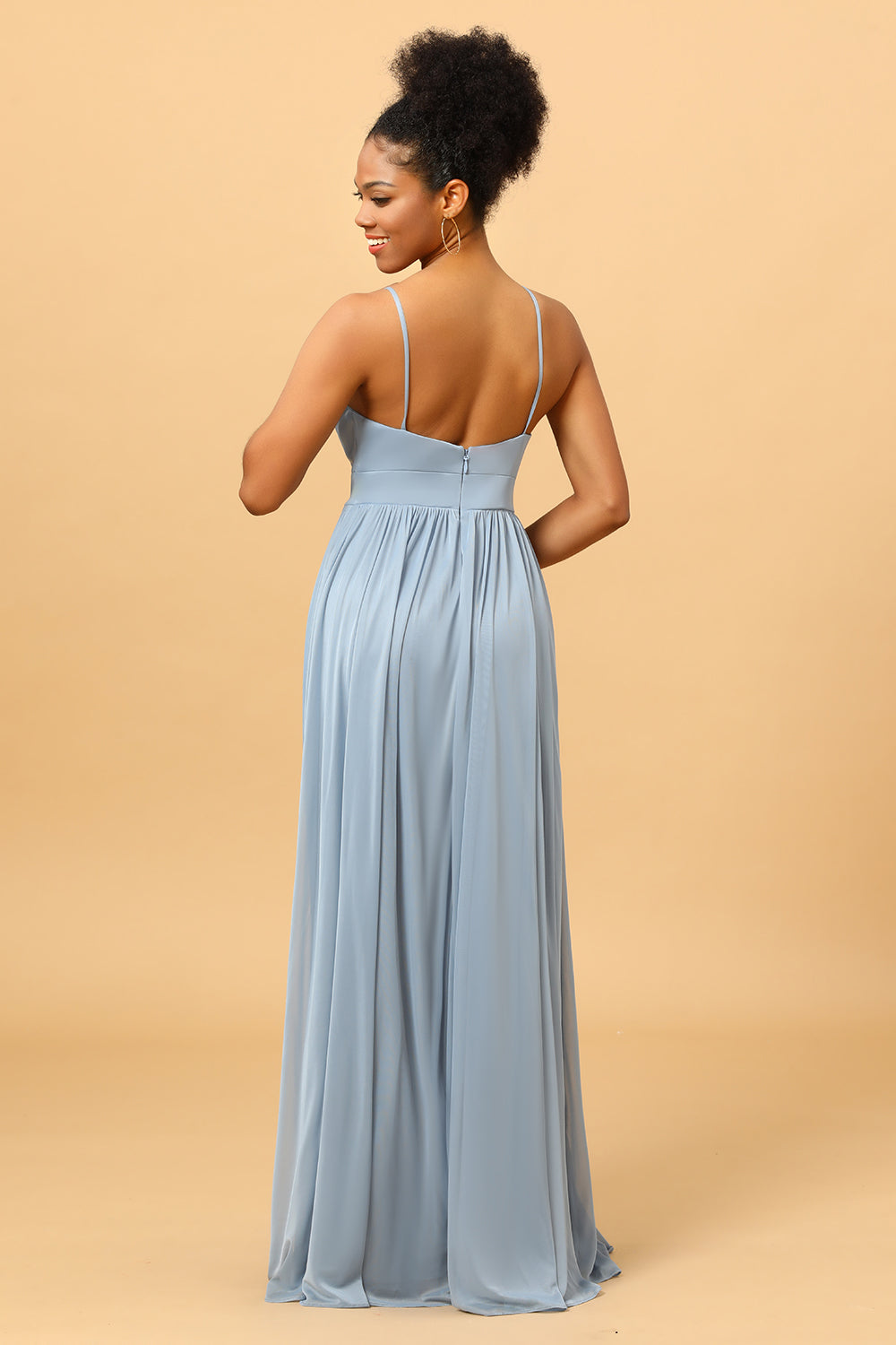 A Line Spaghetti Straps Ruched Chiffon Long Bridesmaid Dress with Slit