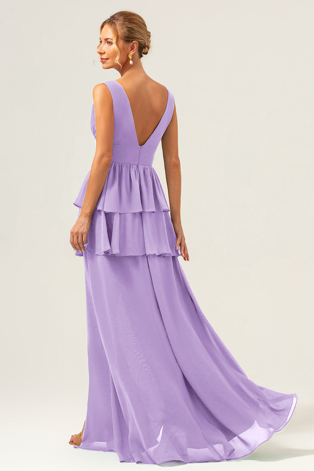 Lilac A Line V Neck Tiered Ruffle Long Bridesmaid Dress with Slit