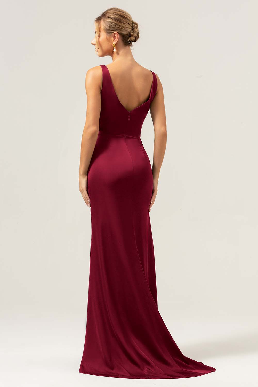 Burgundy Mermaid V Neck Ruched High-Low Long Satin Bridesmaid Dress with Slit