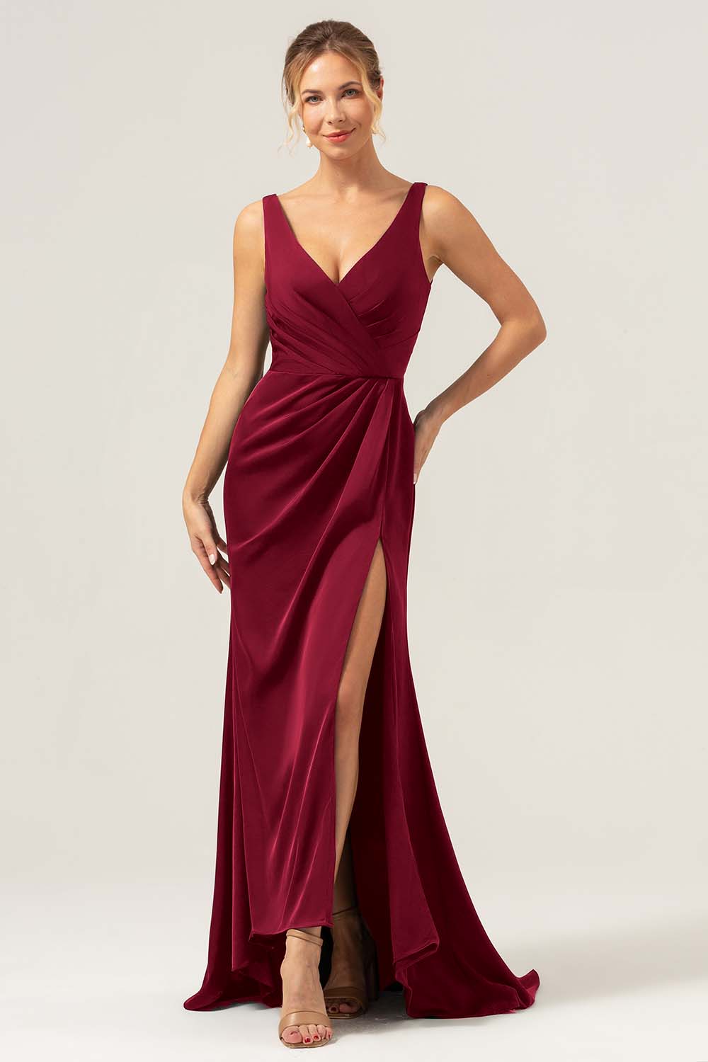 Burgundy Mermaid V Neck Ruched High-Low Long Satin Bridesmaid Dress with Slit