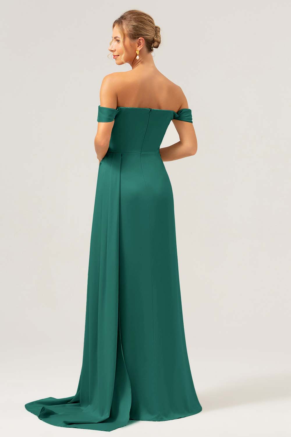 Stylish Dark Green Mermaid Off The Shoulder Pleated Satin Long Bridesmaid Dress with Slit