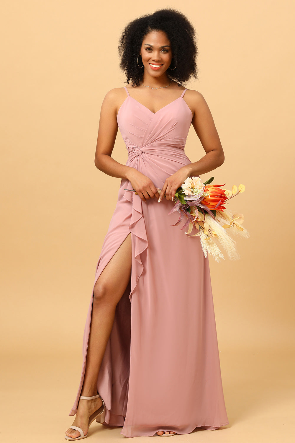 A Line Spaghetti Straps V Neck Chiffon Ruffled Long Bridesmaid Dress with Slit