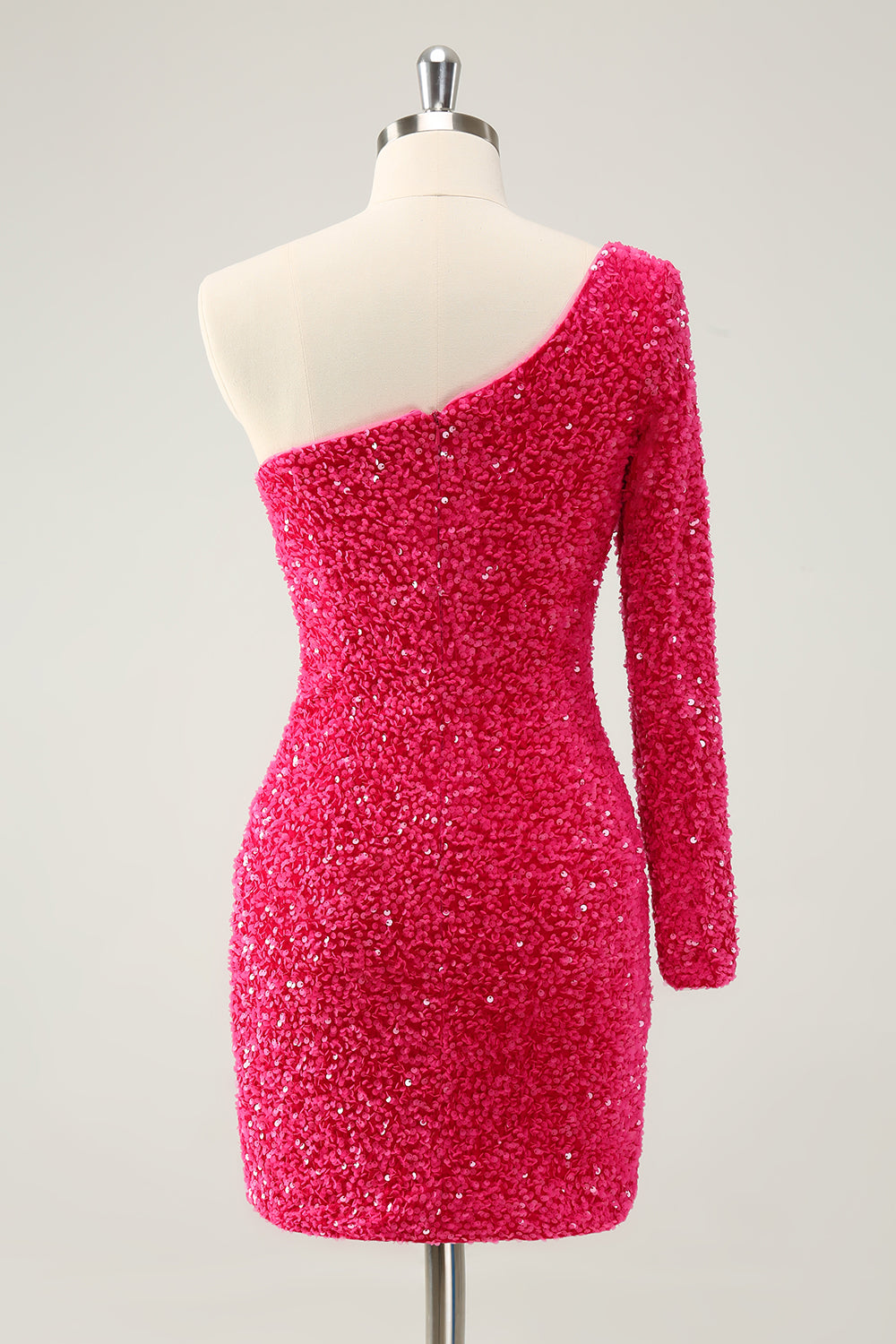 Sparkly Hot Pink Bodycon One Shoulder Long Sleeve Short Homecoming Dress with Slit