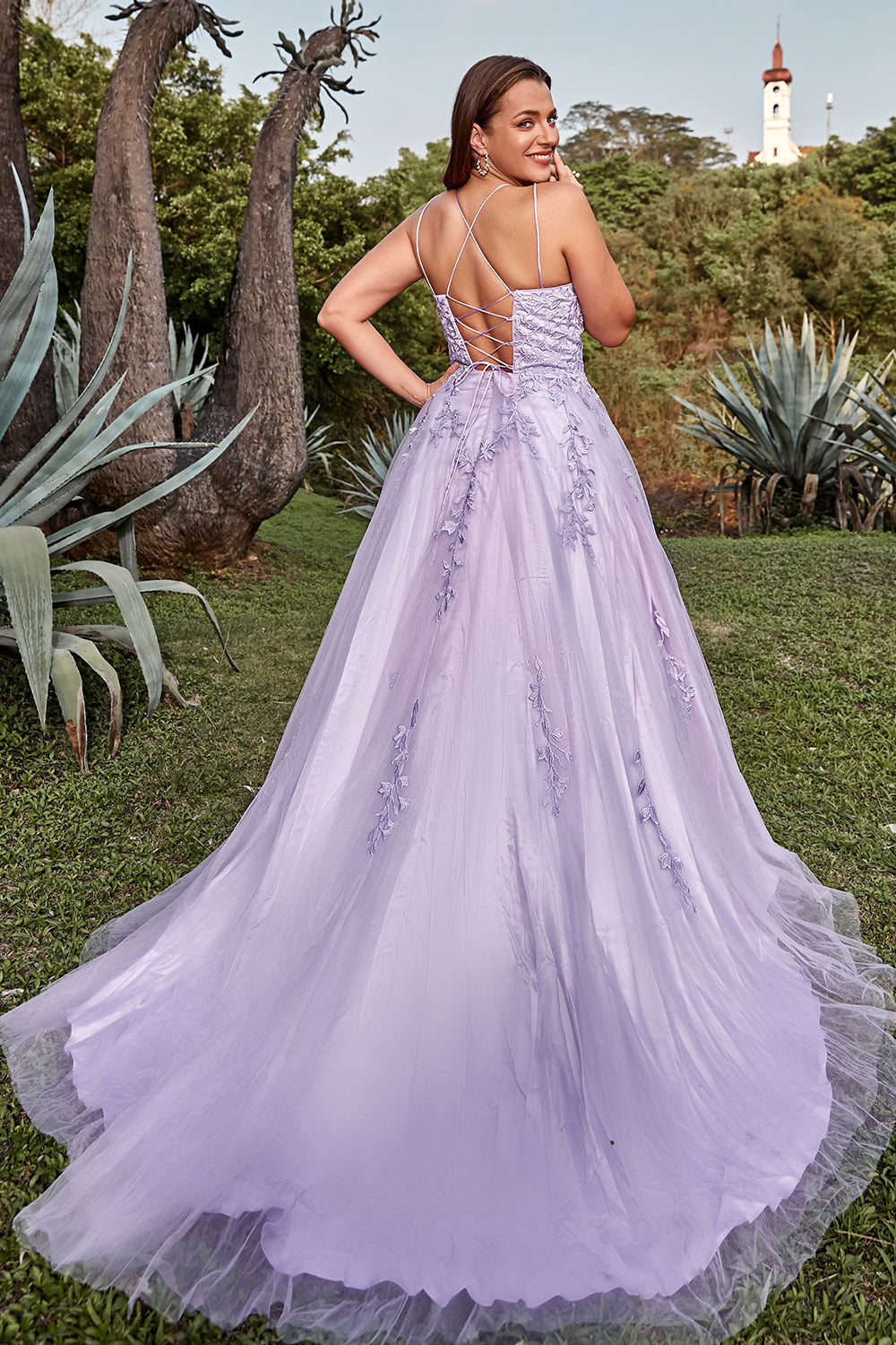 A-Line Spaghetti Straps Tulle Long Purple Prom Dress with Appliques