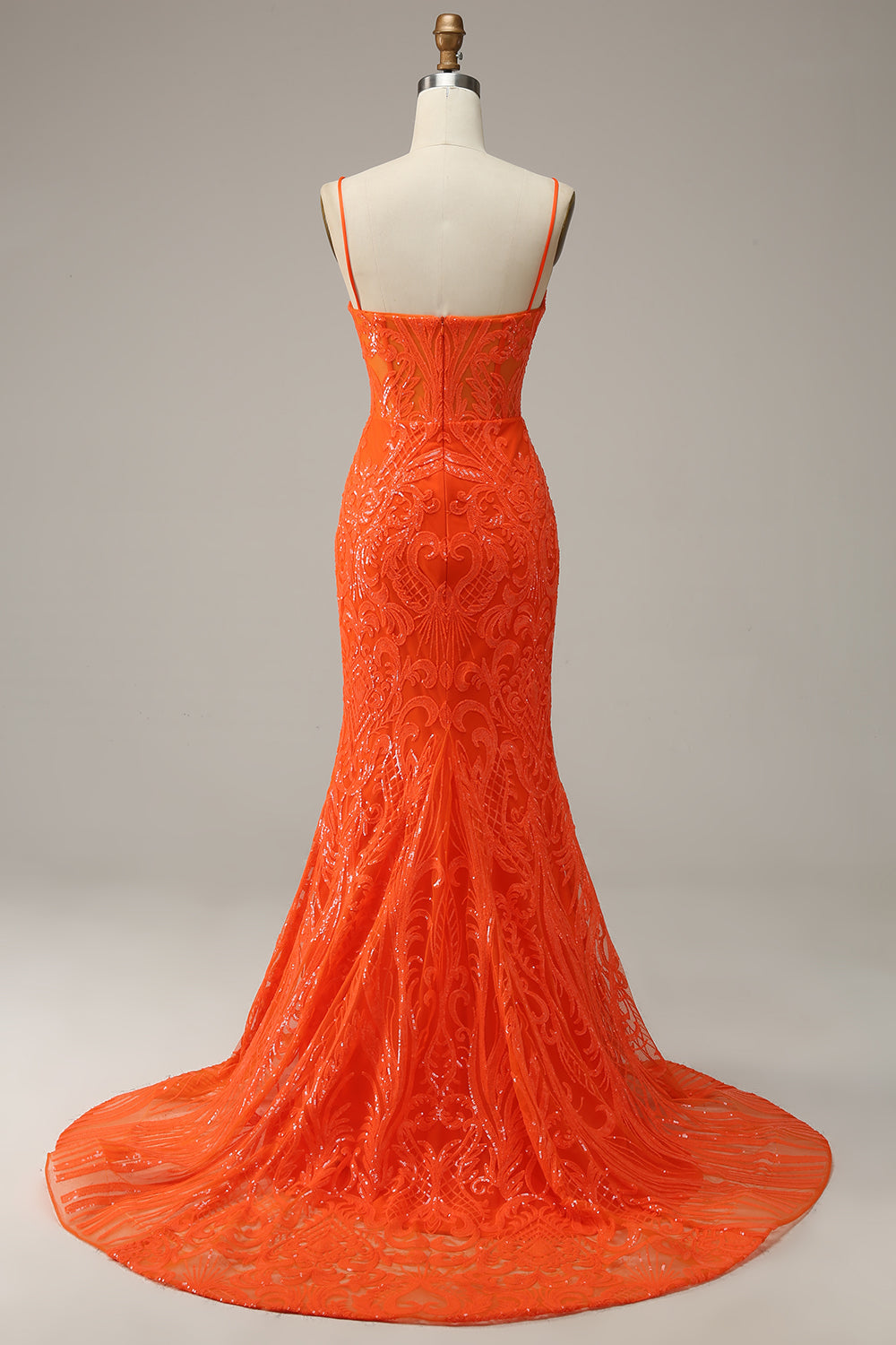 Orange Mermaid Spaghetti Straps Long Prom Dress with Slit Front