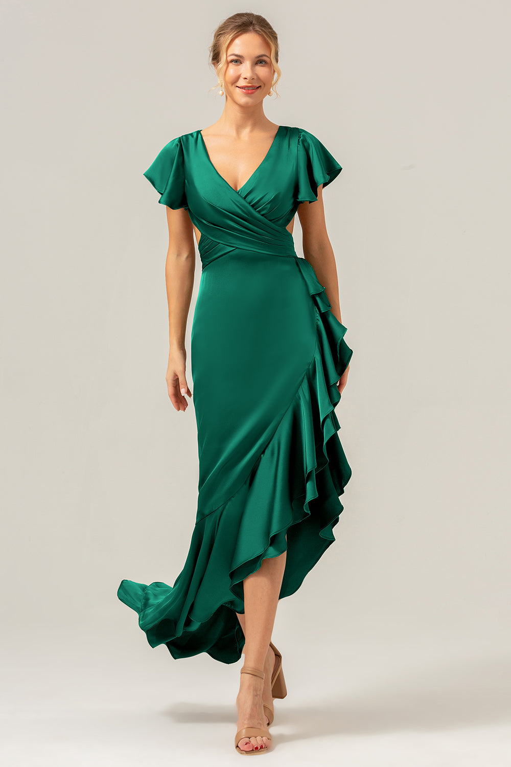 A Line V Neck Asymmetrical Dark Green Bridesmaid Dress with Ruffle Slit