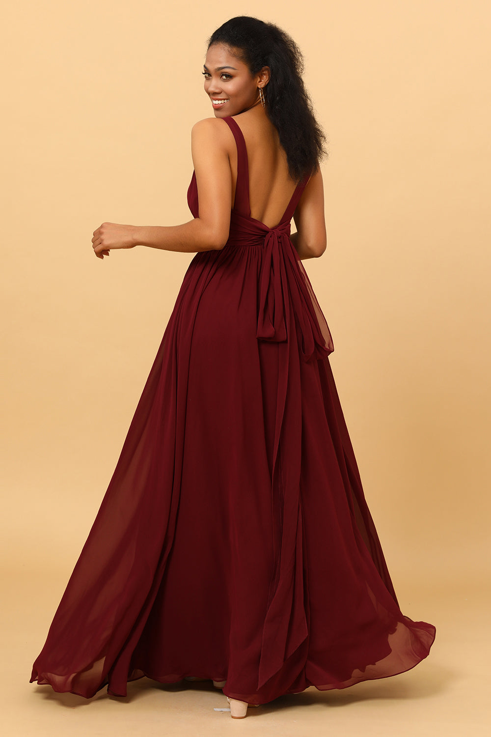 A Line V Neck Pleated Floor Length Long Chiffon Bridesmaid Dress