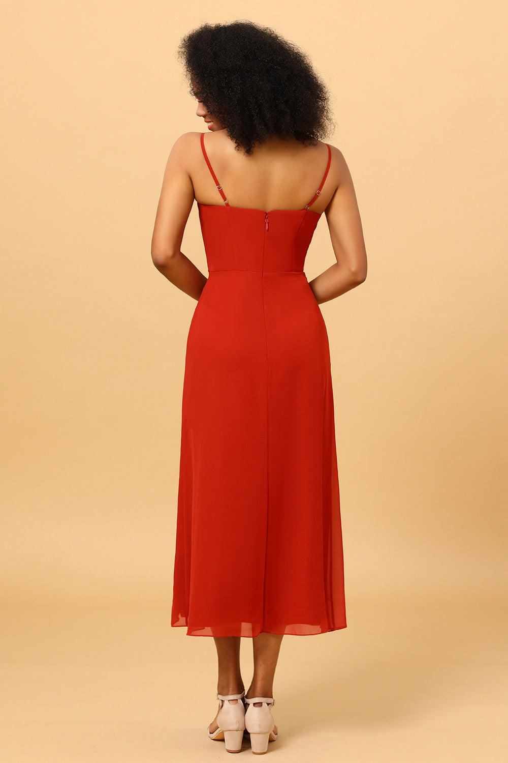 Sheath Spaghetti Straps Midi Chiffon Bridesmaid Dress with Slit