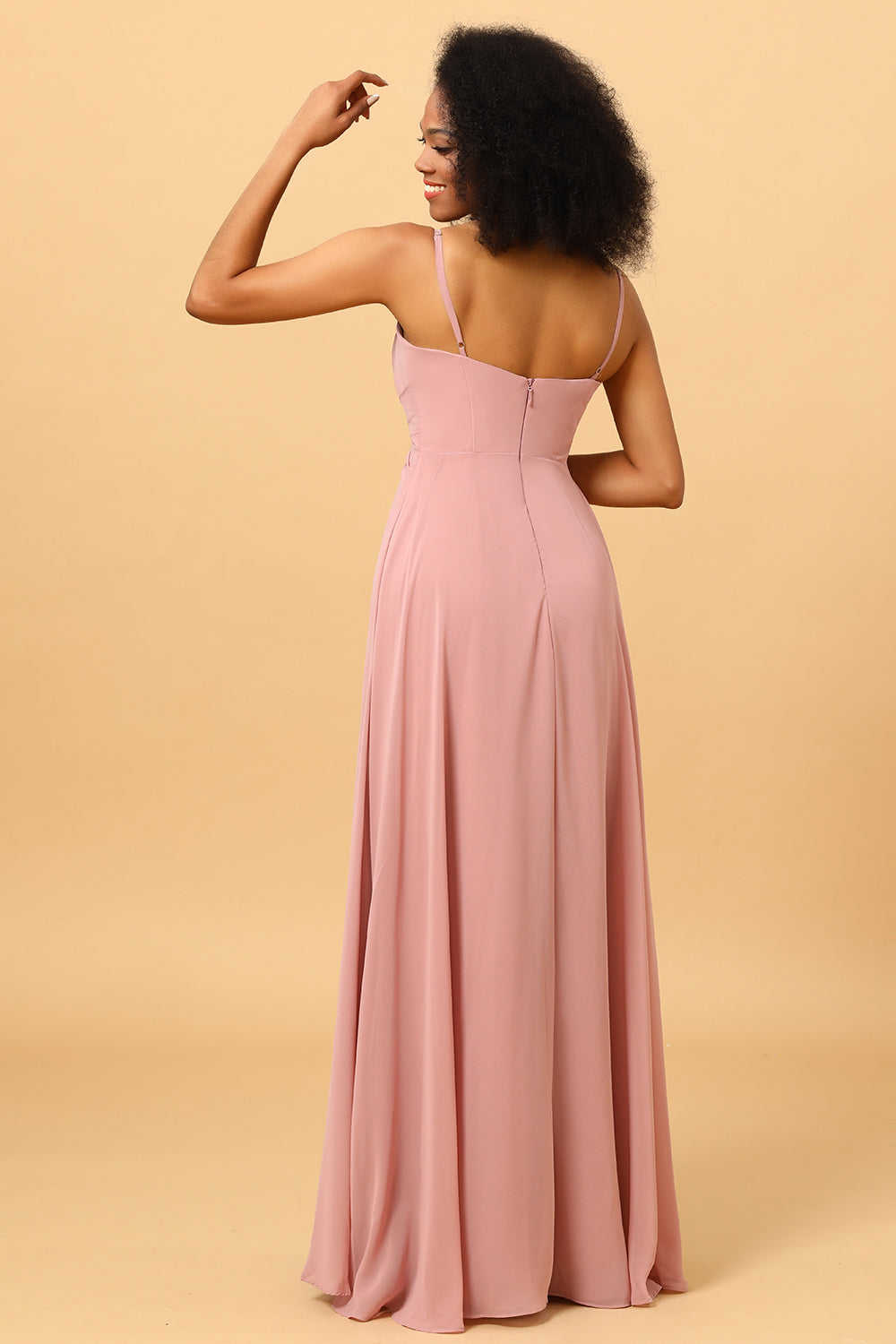 A Line Spaghetti Straps V Neck Chiffon Ruffled Long Bridesmaid Dress with Slit