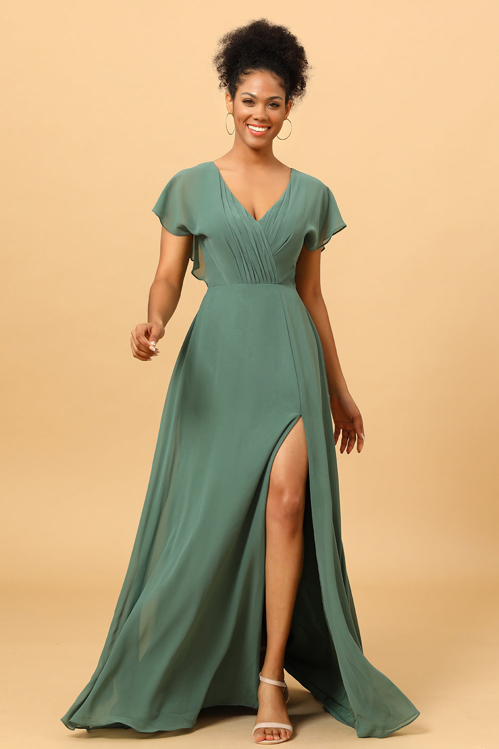 A Line V-Neck Ruched Chiffon Bridesmaid Dress with Slit