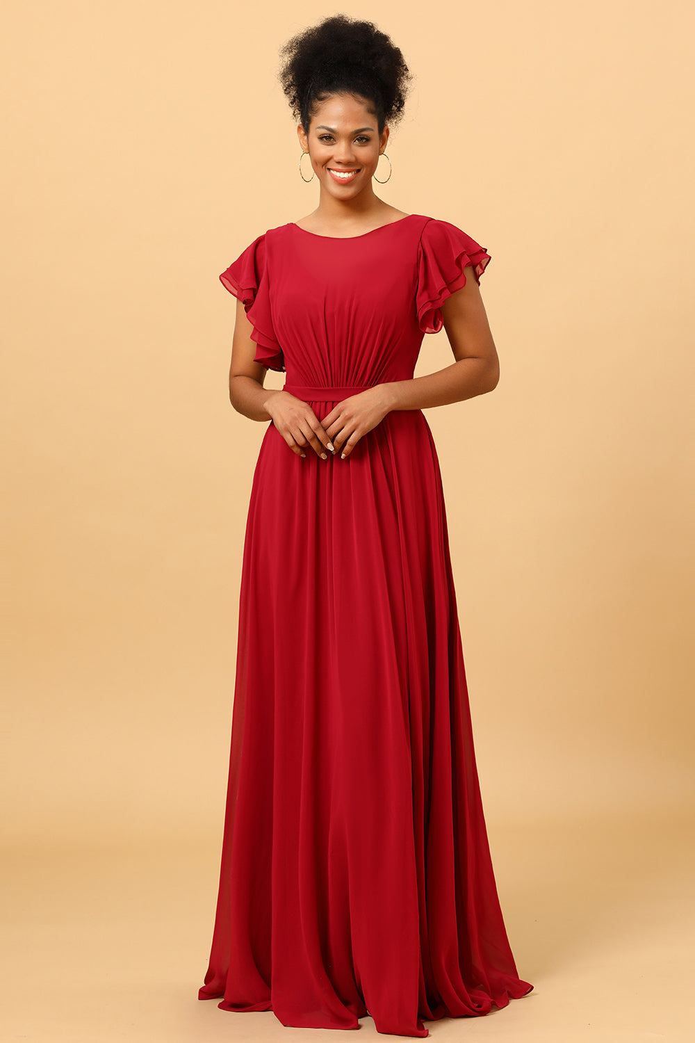 A Line Bateau Neck Ruched Long Chiffon Bridesmaid Dress with Ruffles