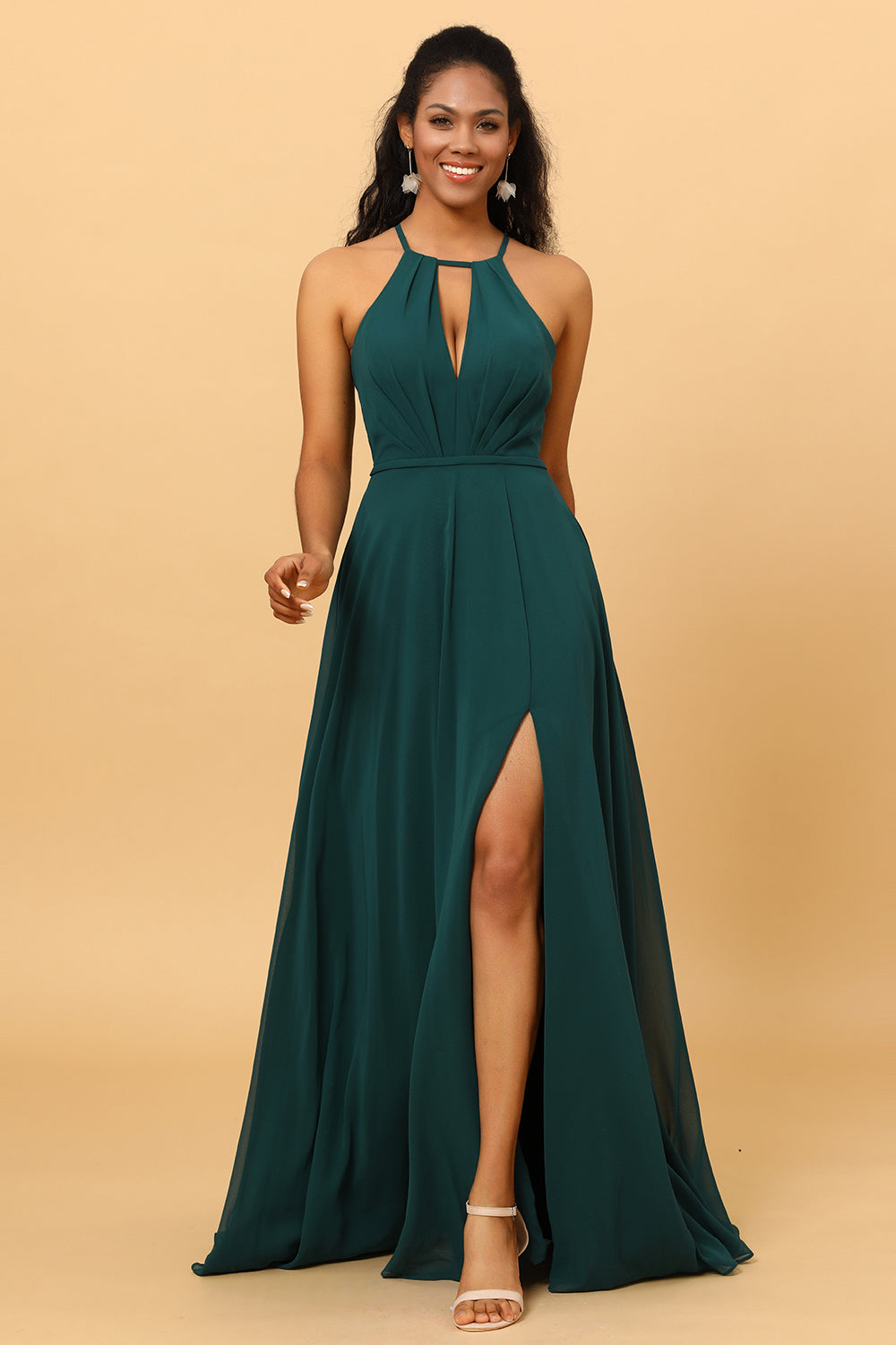 A Line Halter Open Back Long Chiffon Bridesmaid Dress With Slit