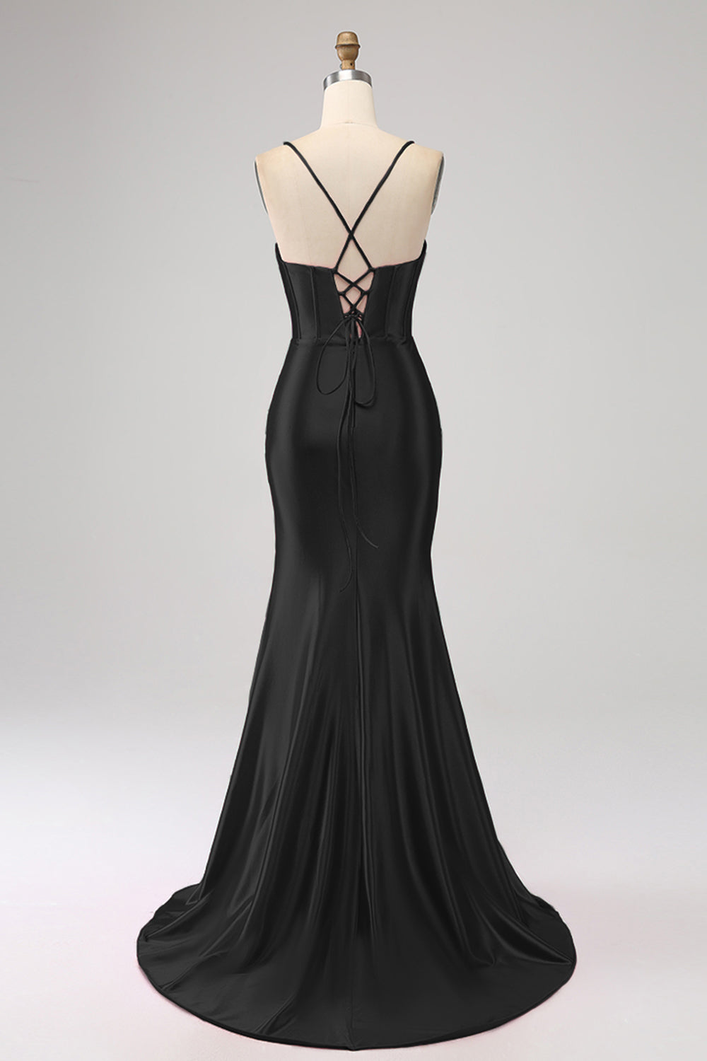 Stunning Black Mermaid Spaghetti Straps Corset Prom Dress with Split Front