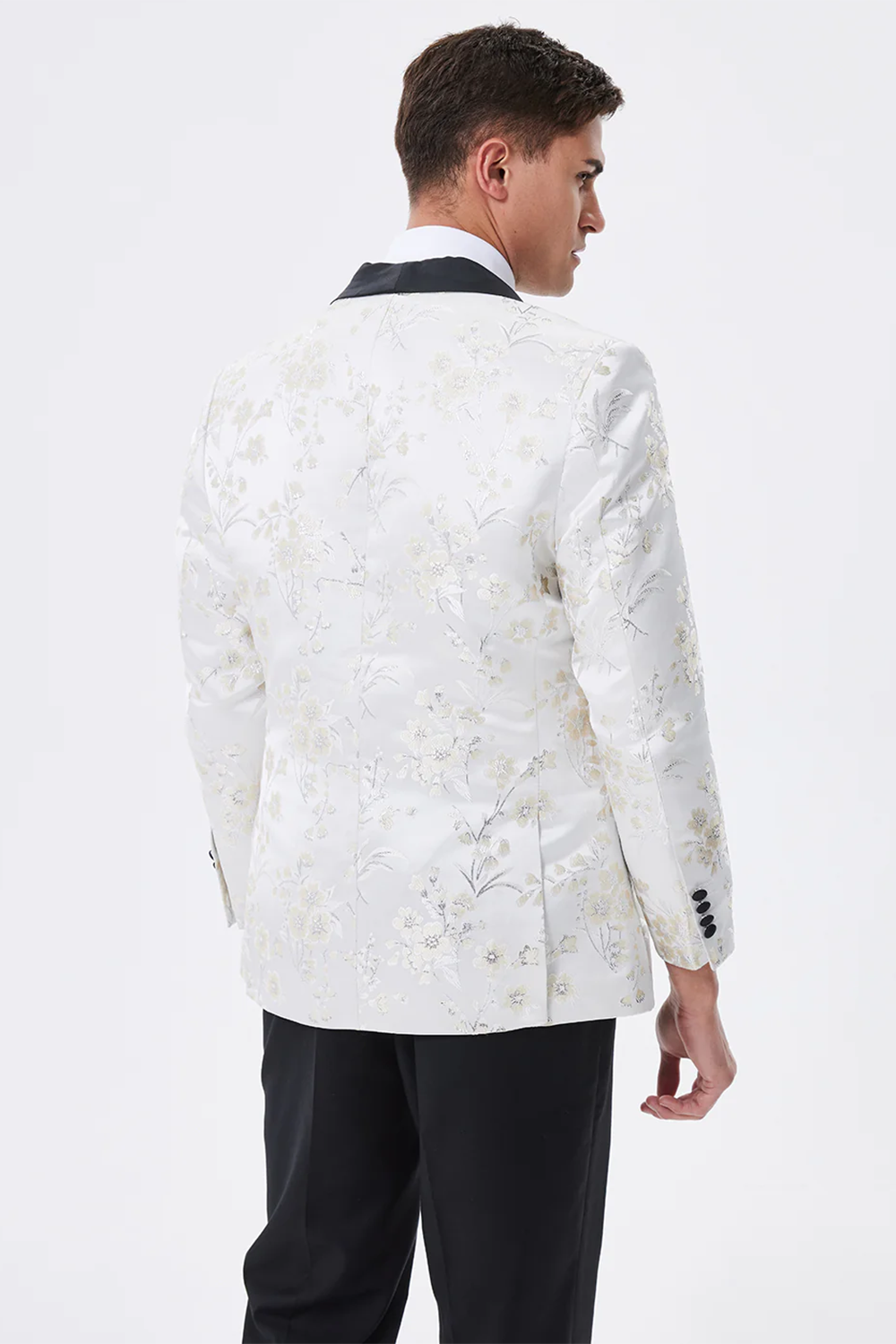 Men’s Sparkly White Floral Embroidered Shawl Lapel Blazer