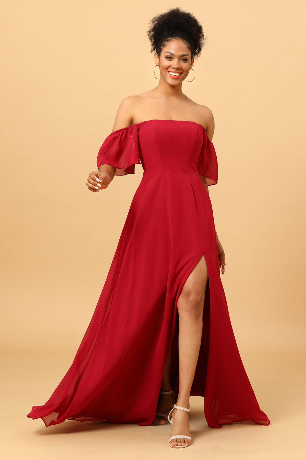 A Line Off the Shoulder Long Chiffon Bridesmaid Dress with Slit