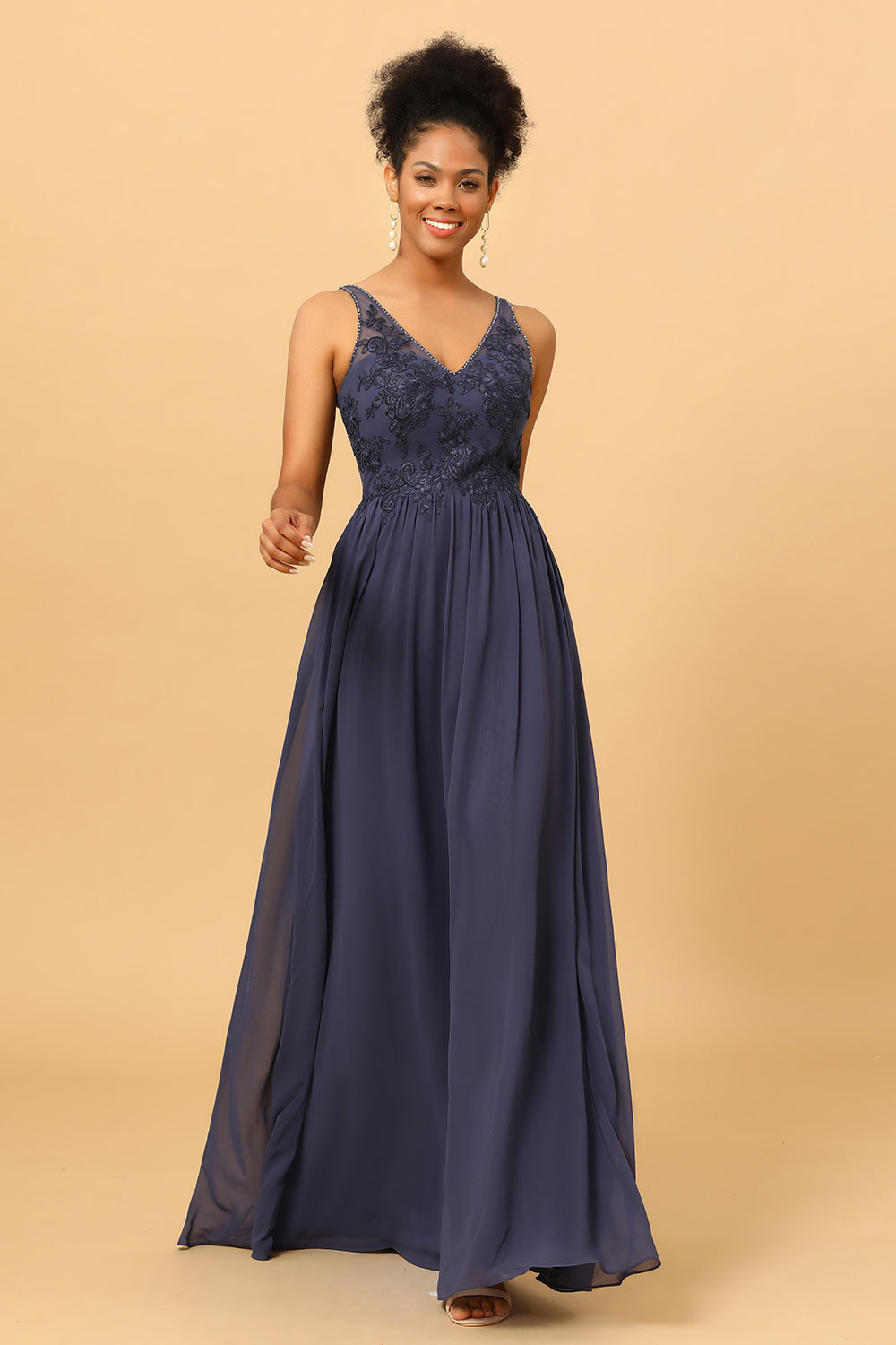 A Line V-Neck Long Chiffon Bridesmaid Dress with Lace