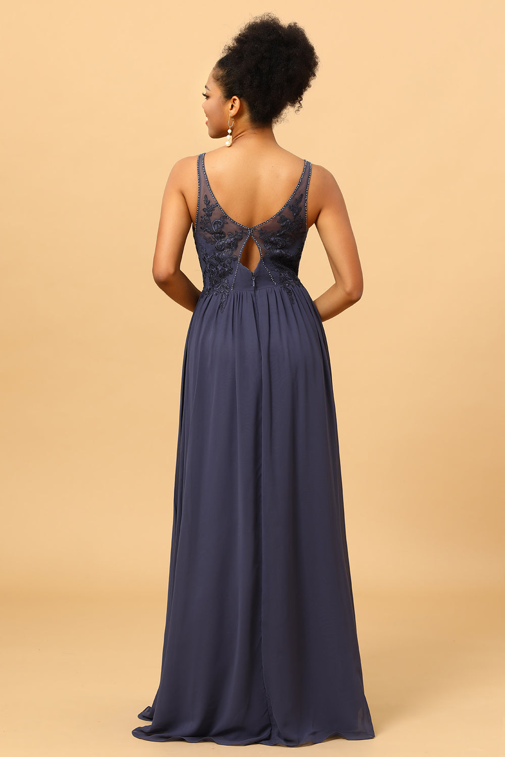 A Line V-Neck Long Chiffon Bridesmaid Dress with Lace