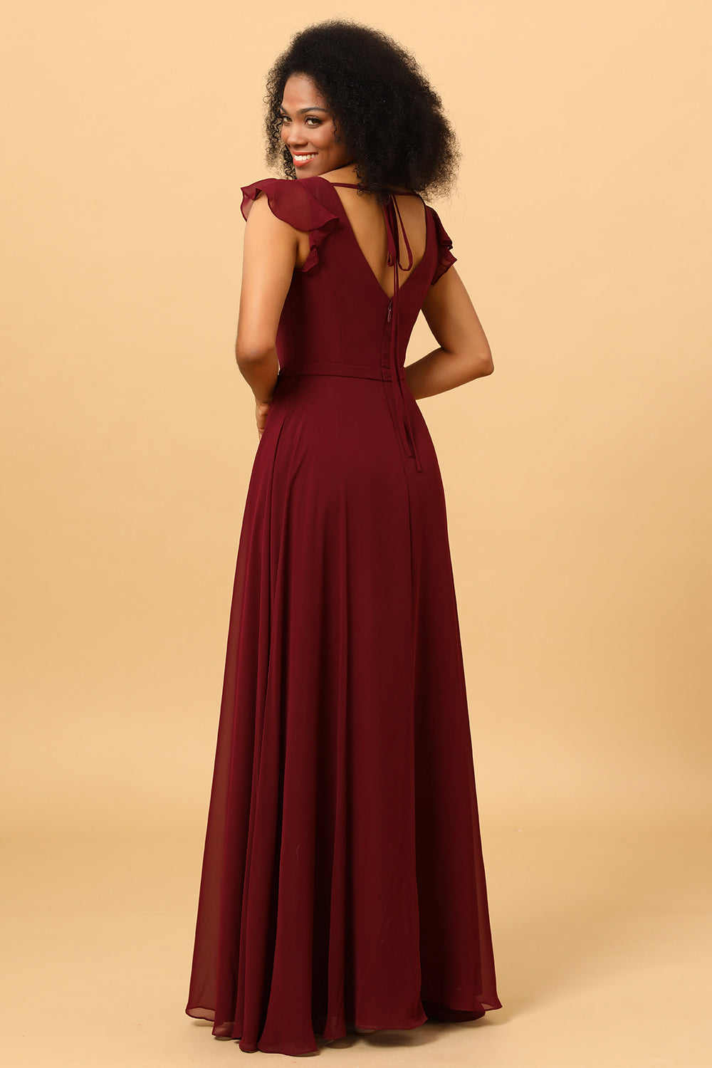 A Line V Neck Strapless Long Chiffon Bridesmaid Dress With Slit