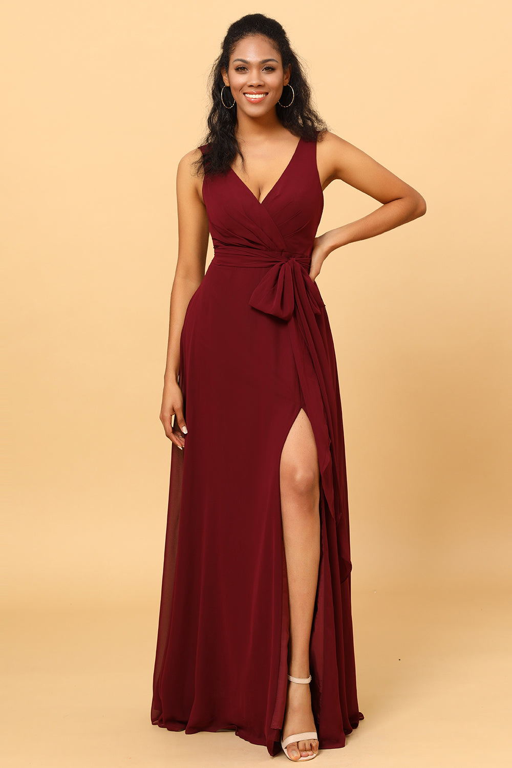 A Line V Neck Sleeveless Long Chiffon Bridesmaid Dress with Slit