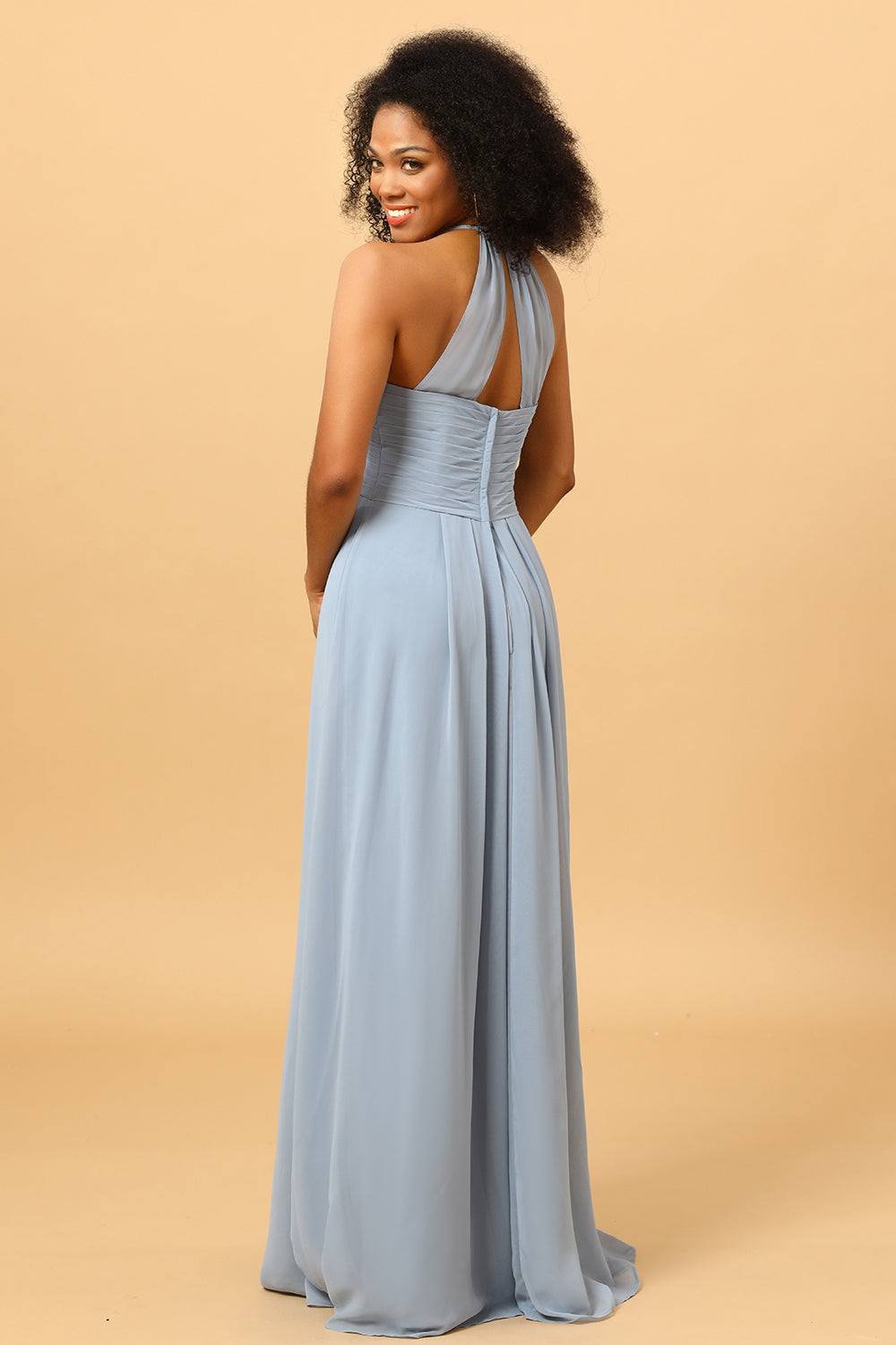 Sheath Halter Open Back Long Chiffon Bridesmaid Dress