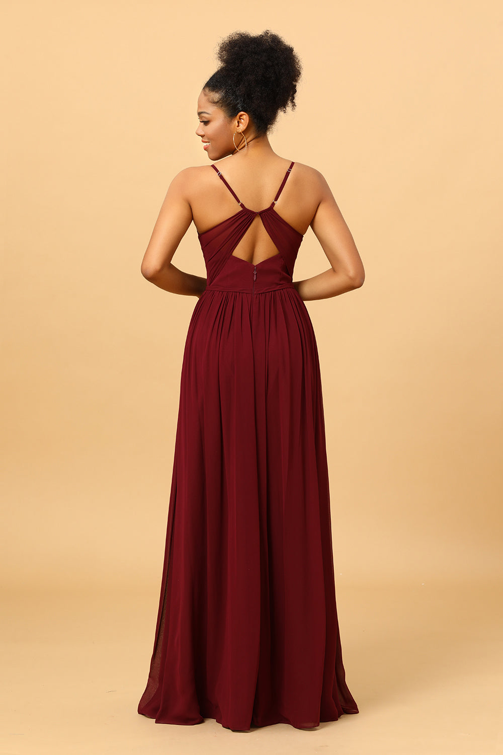 A-Line Spaghetti Straps Ruched Long Chiffon Bridesmaid Dress with Slit