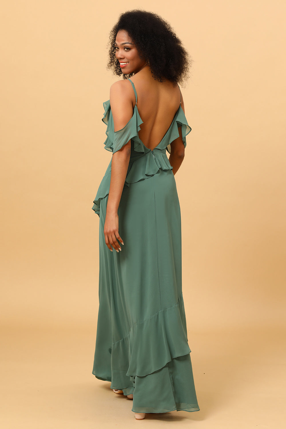 A Line Spaghetti Straps Long Chiffon Bridesmaid Dress with Ruffles