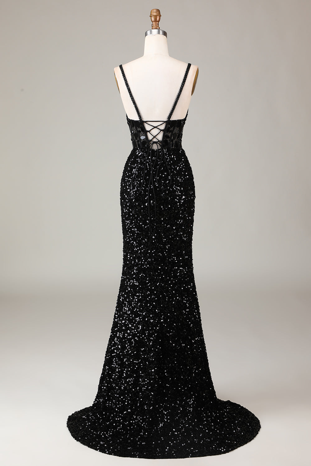 Black Sheath Spaghetti Straps Sparkly Sequins Prom Dress with Split Front