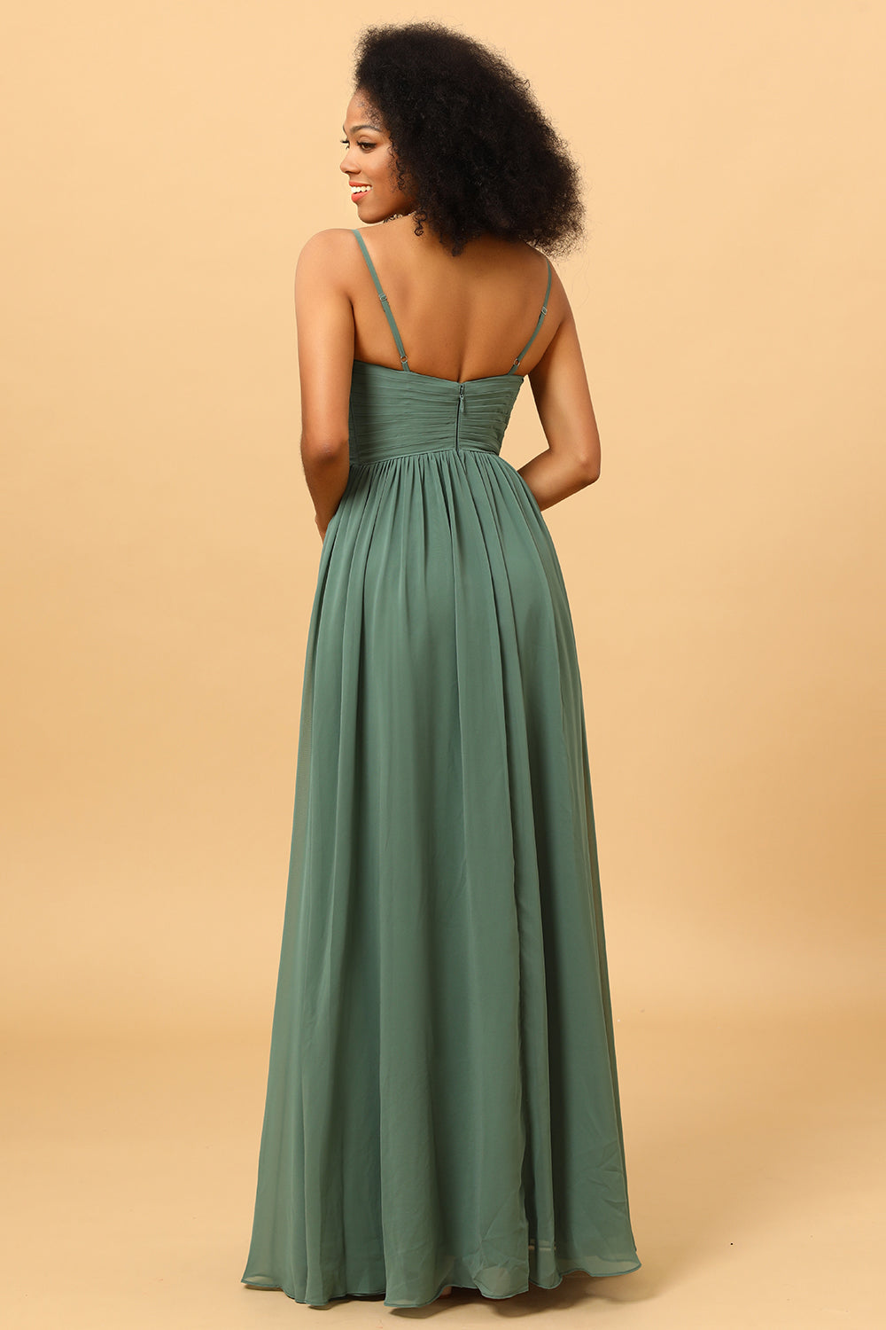 A Line Spaghetti Straps Ruched Long Chiffon Bridesmaid Dress with Slit