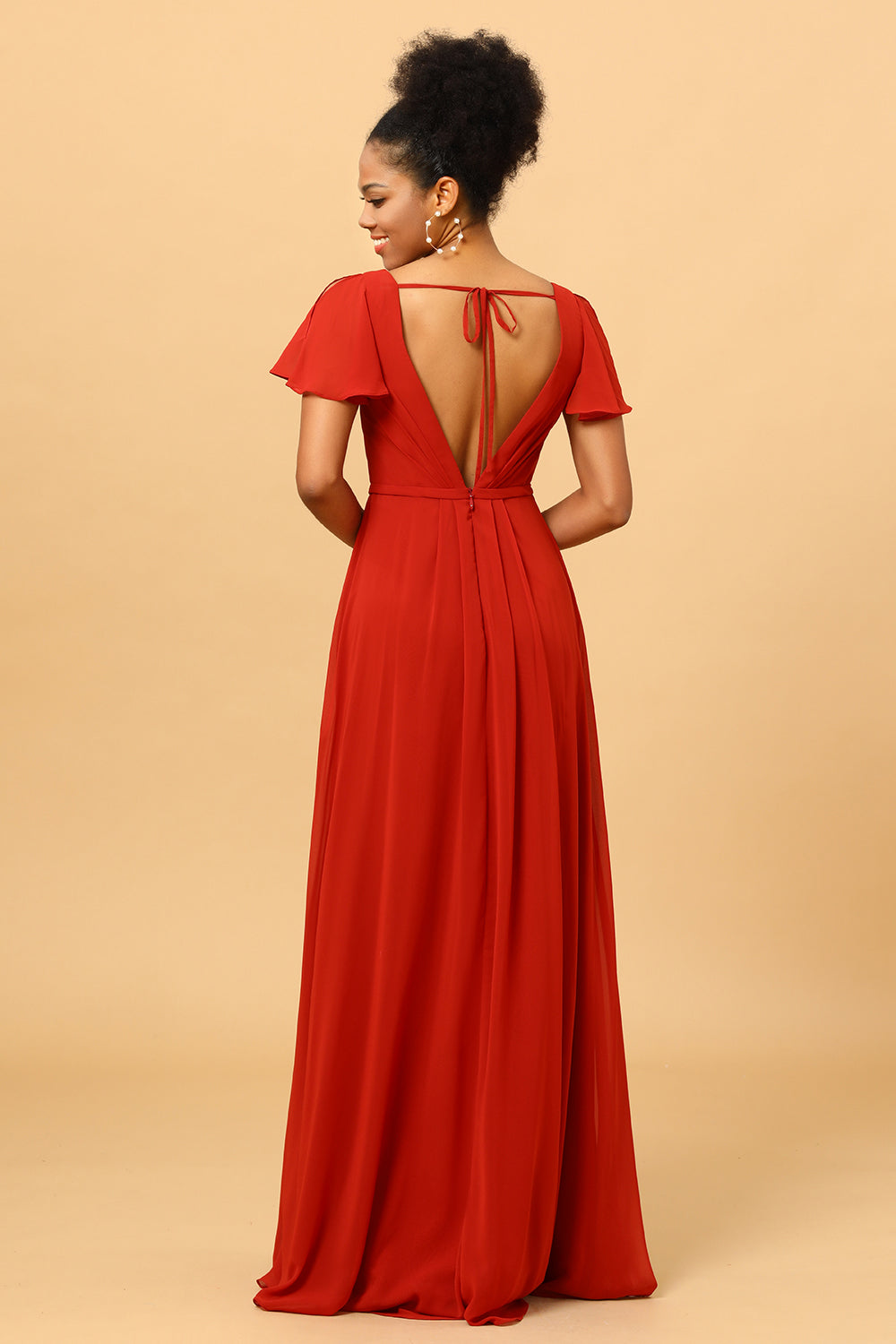 A-Line V Neck Ruched Long Chiffon Bridesmaid Dress with Slit