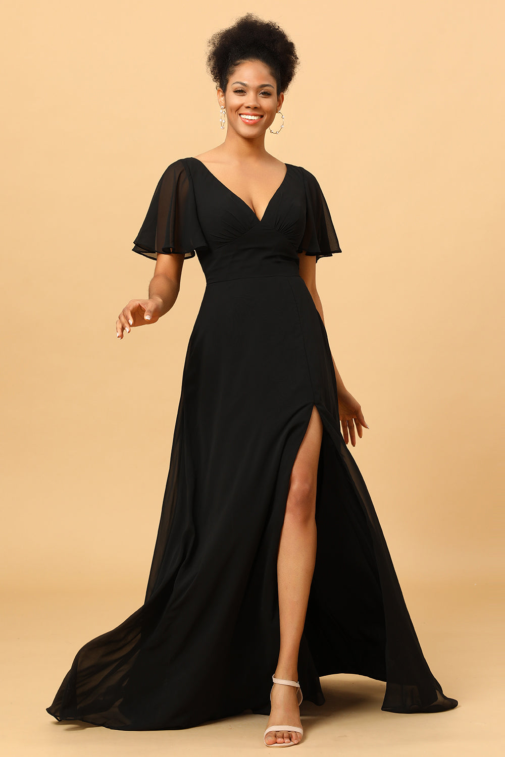 A Line V-Neck Long Chiffon Bridesmaid Dress with Slit