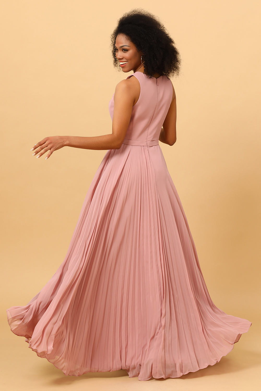 A Line High Neck Pleated Long Chiffon Bridesmaid Dress with Ruffles