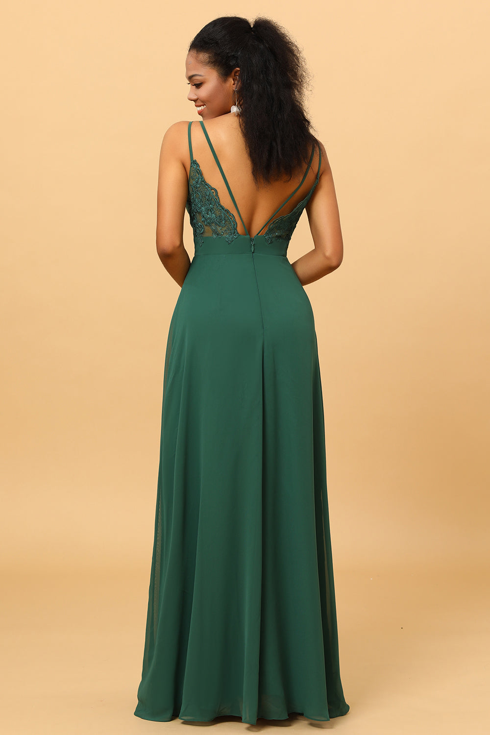 A Line V Neck Spaghetti Straps Floor Length Long Chiffon Bridesmaid Dress