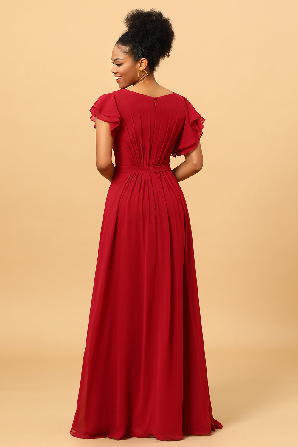 A Line Bateau Neck Ruched Long Chiffon Bridesmaid Dress with Ruffles