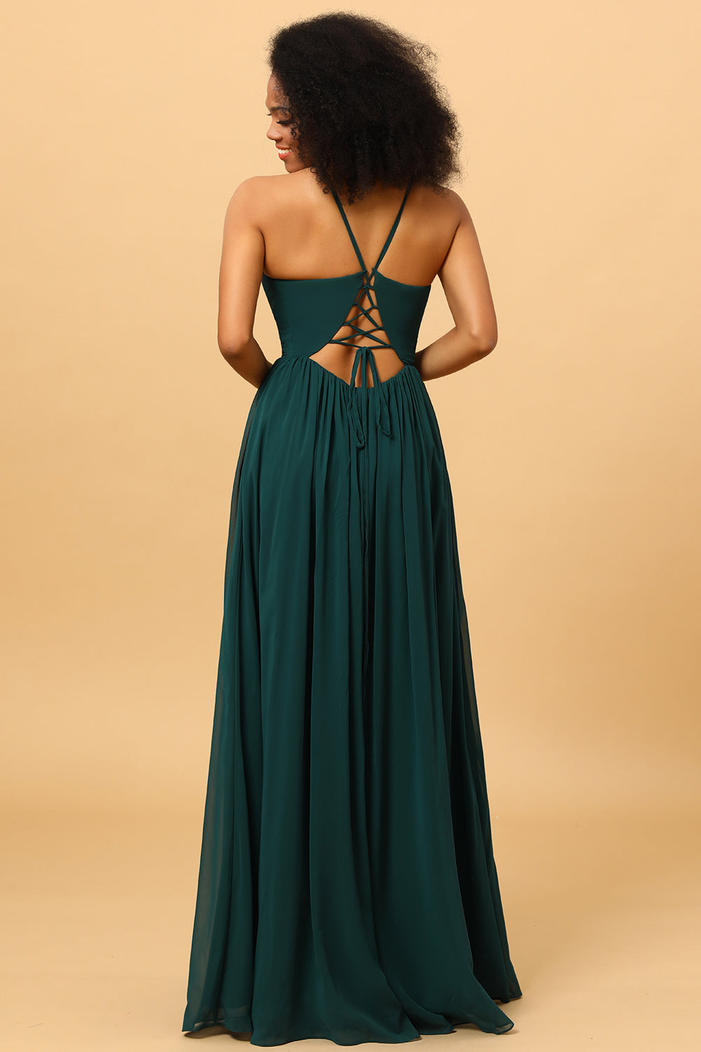 A Line V Neck Spaghetti Straps Chiffon Bridesmaid Dress with Slit