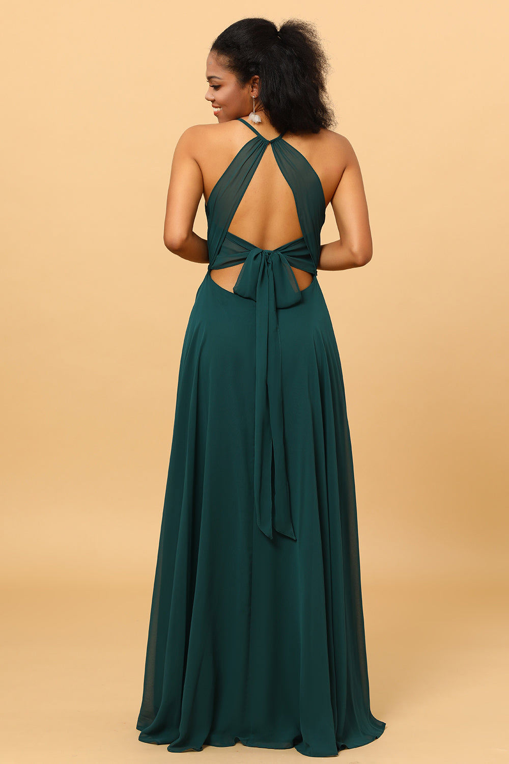 A Line Halter Open Back Long Chiffon Bridesmaid Dress With Slit