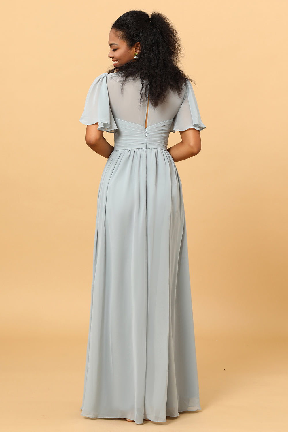 A Line V Neck Short Sleeves Chiffon Long Bridesmaid Dress