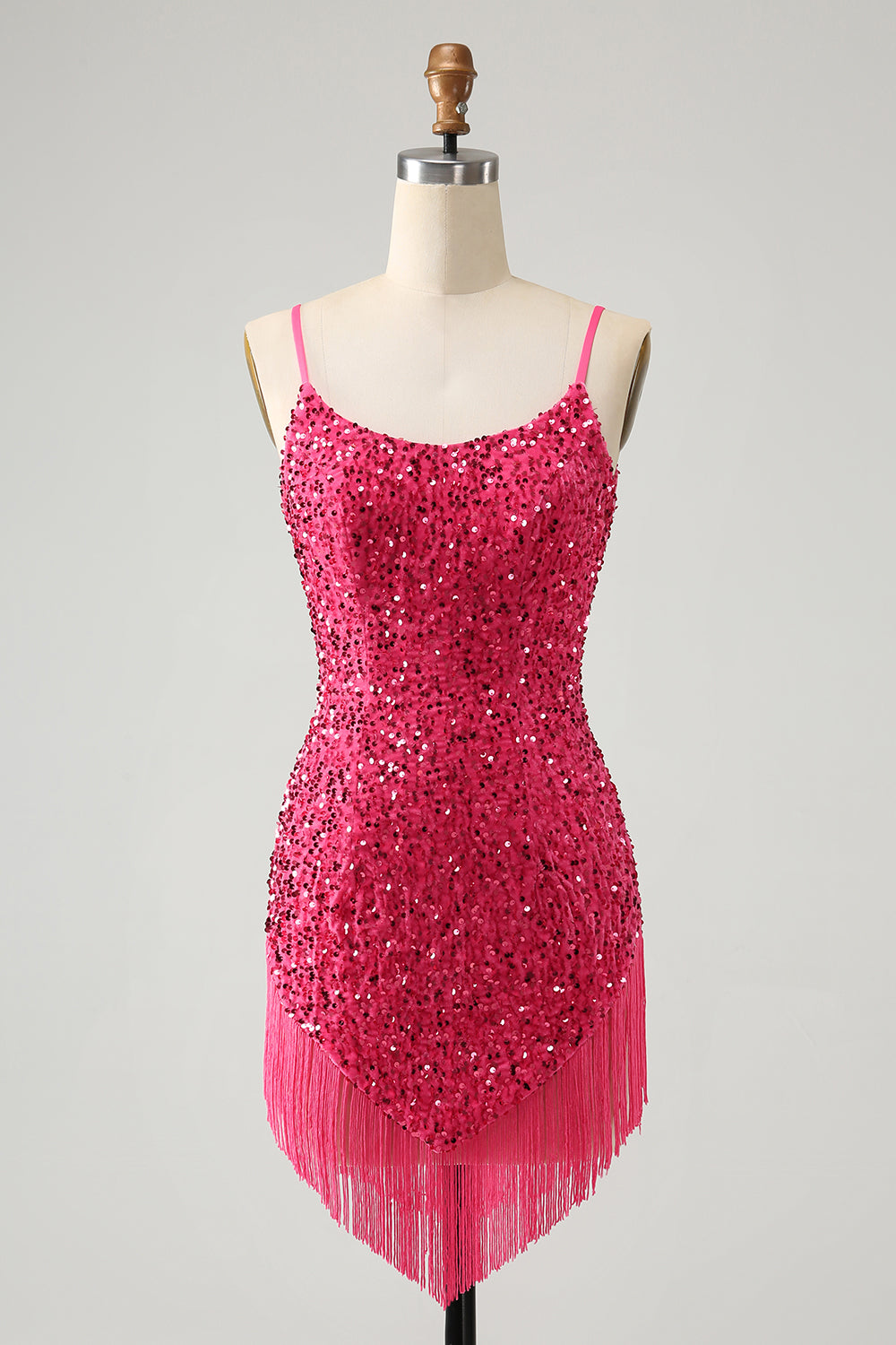 Sparkly Fuchsia Bodycon Spaghetti Straps Sequin Short Homecoming Dress with Tassels