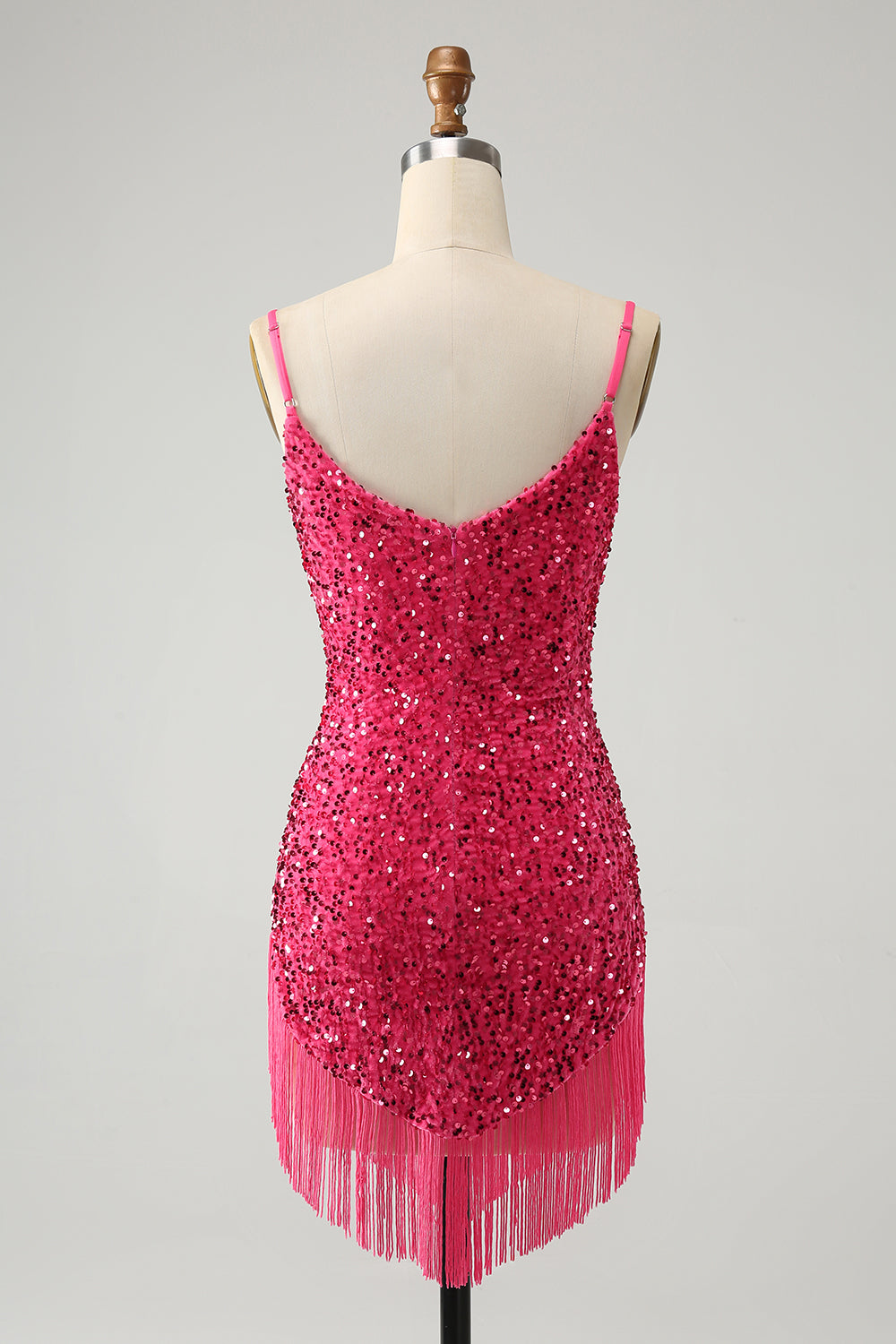 Sparkly Fuchsia Bodycon Spaghetti Straps Sequin Short Homecoming Dress with Tassels