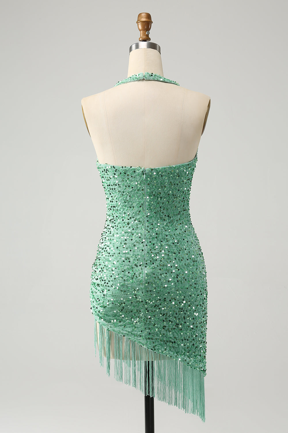 Glitter Sage Bodycon Halter Sequin Short Homecoming Dress with Tassels