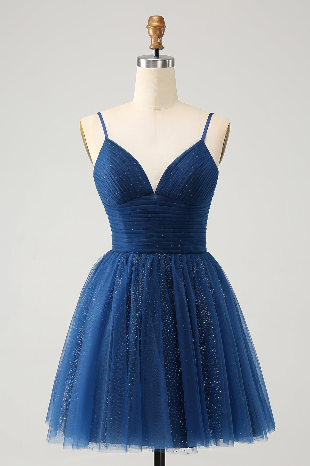 Glitter Navy A Line Spaghetti Straps Pleated Tulle Short Homecoming Dress with Sequins