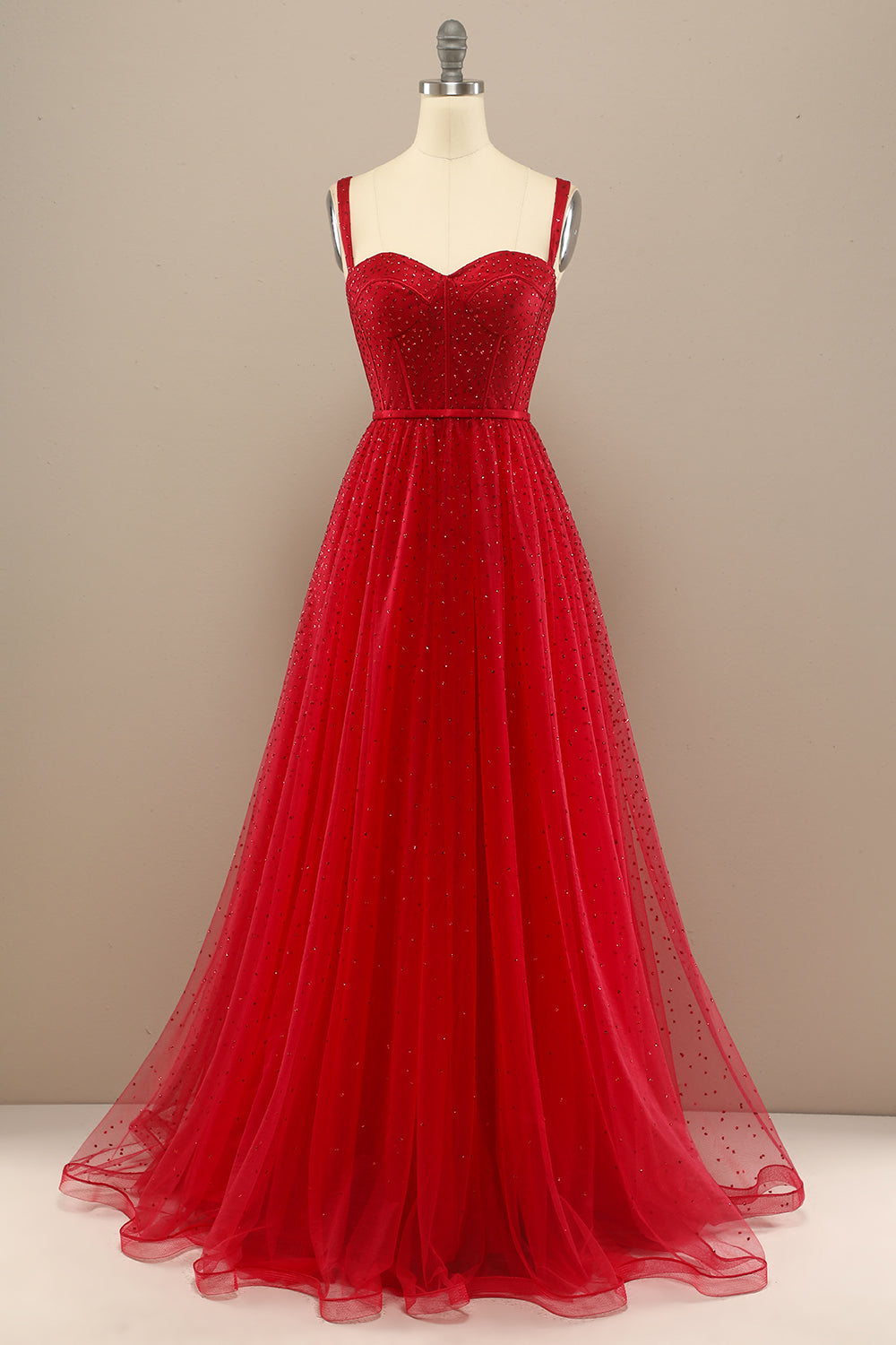 Red A Line Sweetheart Tulle Long Prom Dress with Beading