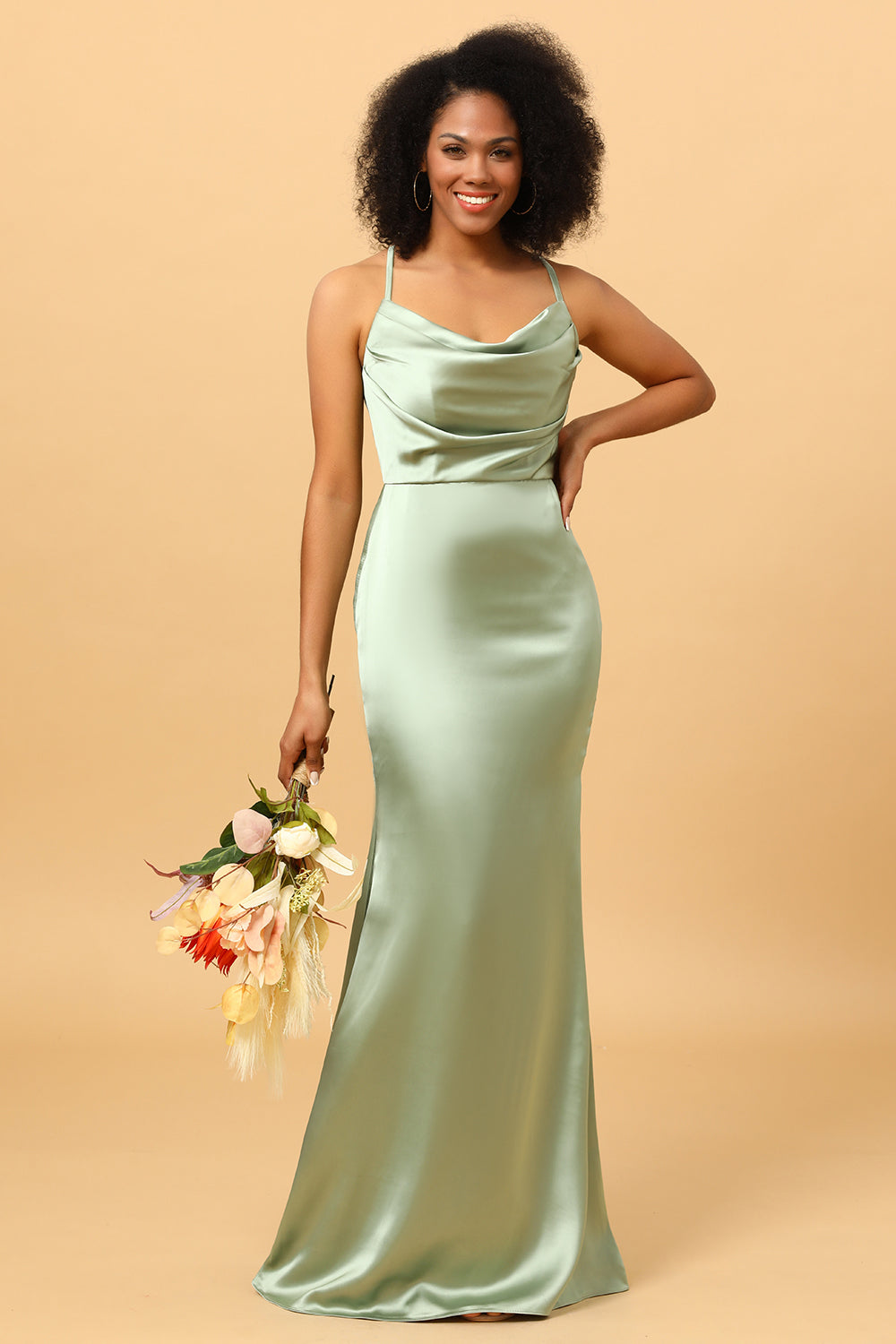 Sage Mermaid Cowl Neckline Long Satin Bridesmaid Dress