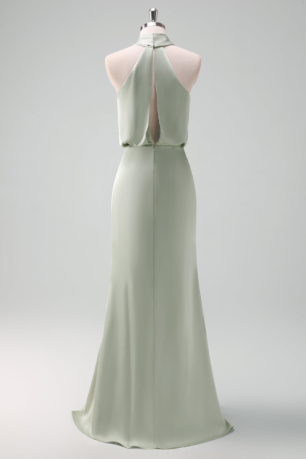 Dusty Sage Sheath Halter Ruched Satin Long Bridesmaid Dress