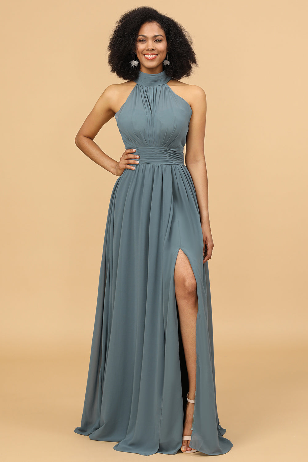 Grey Halter Ruched Long Chiffon Bridesmaid Dress with Slit