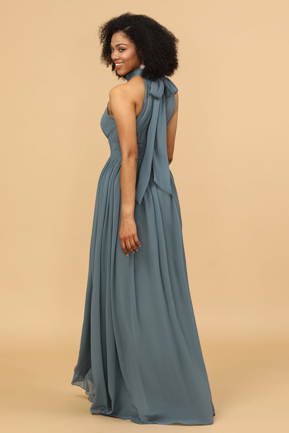 A Line Halter Ruched Floor Length Chiffon Bridesmaid Dress with Slit