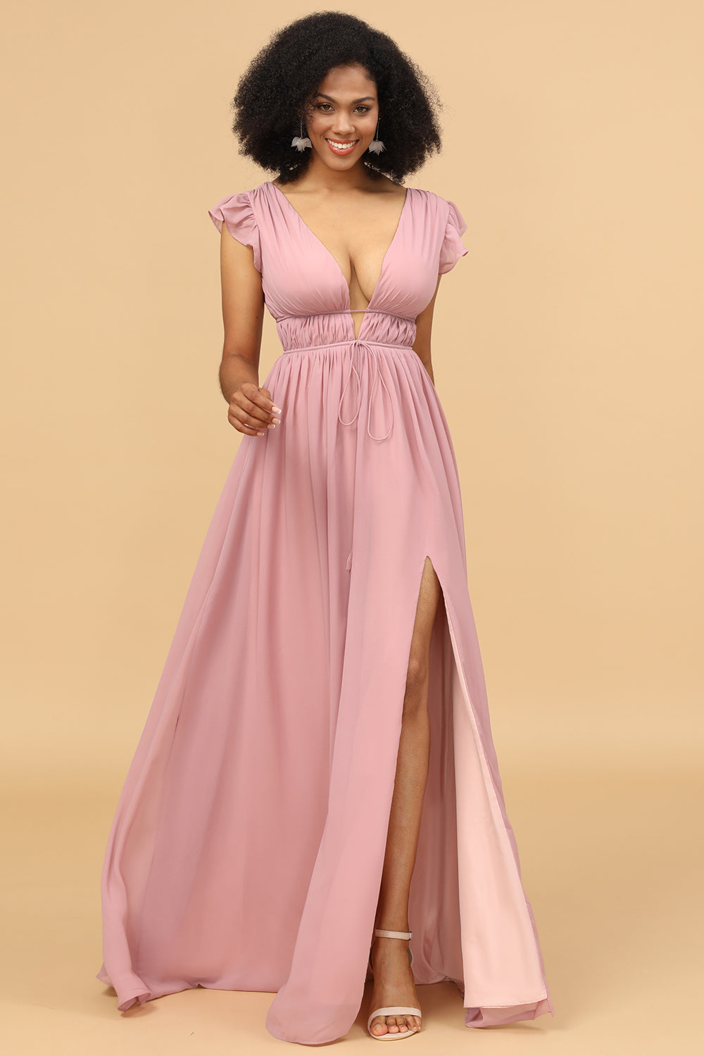 Blush A Line V-Neck Long Chiffon Bridesmaid Dress with Slit