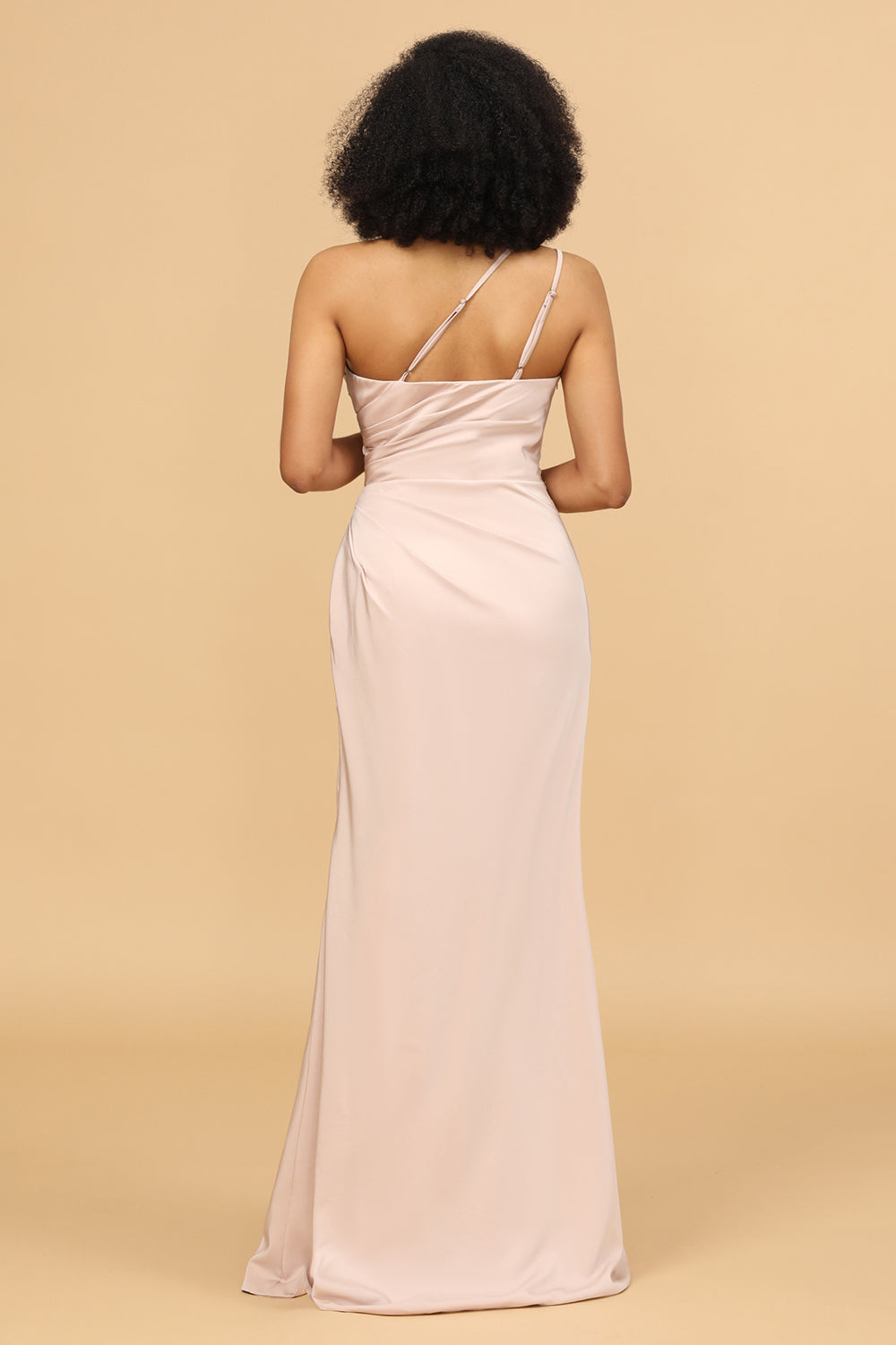 Blush Mermaid One Shoulder Satin Long Bridesmaid Dress with Slit