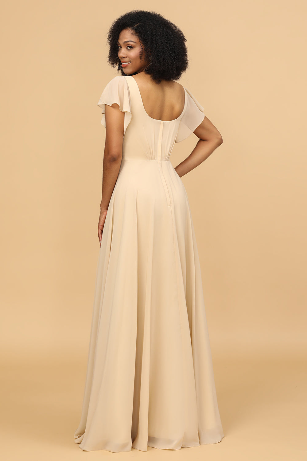 V-Neck Cape Long Floor Length Chiffon Bridesmaid Dress